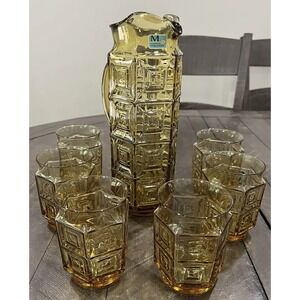 Morgantown Glass Seville Amber Martini Cocktail Set Pitcher 6 Glasses‎ Geometric